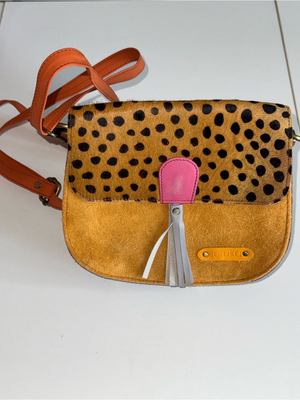 Soruka Mustard Suede & Leopard Print Crossbody with Pink Accent